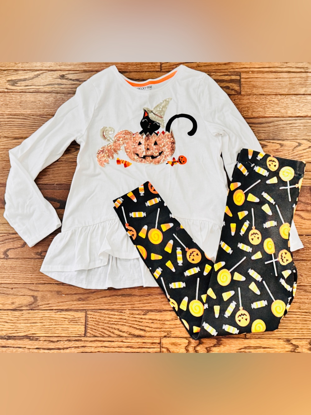 White & Black Halloween Candy Cat Kids Matching Set with Sequin Pumpkin